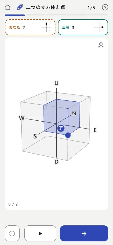 空間関係検査の解説の画面。立方体と点を 3D で表示している
